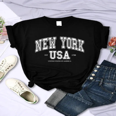 New York Usa Est 1788 Street City Letter Women Tshirt Cool Breathable Clothes Street Casual Tees Breathable Hip Hop T-Shirt URBAN CHIC CLOTHING